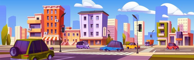 cars drive at city crossroad on cityscape vector