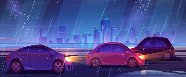 無料ベクター 街の摩天楼の夜のライトに反してアスファルトの道路で雷と雷で雨で車を運転する 悪天候の町の自動車交通