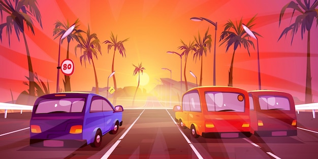 Cars driving at highway on tropical dusk landscape