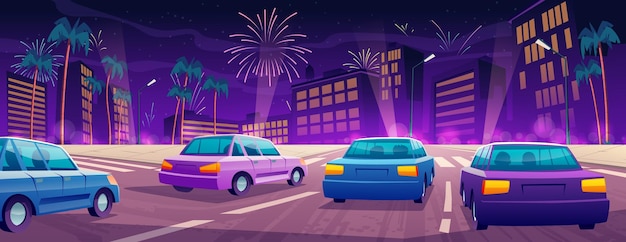 Free vector cars driving at night city highway with palm trees