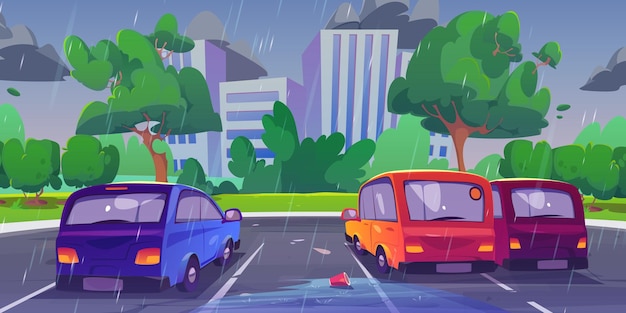 Free vector cars standing on parking lot in city in rain