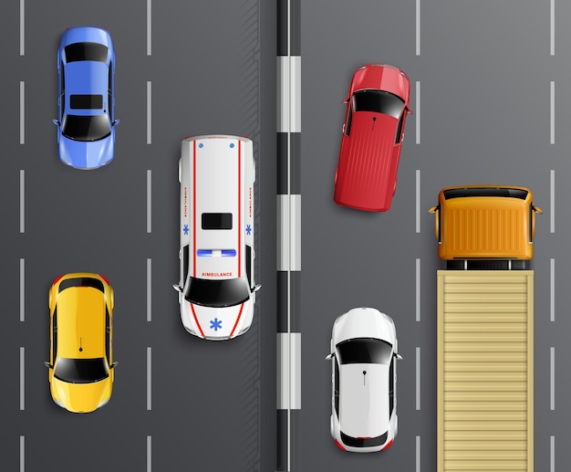 Cars top view realistic composition with traffic lanes barrier and colourful cars with ambulance and truck  illustration