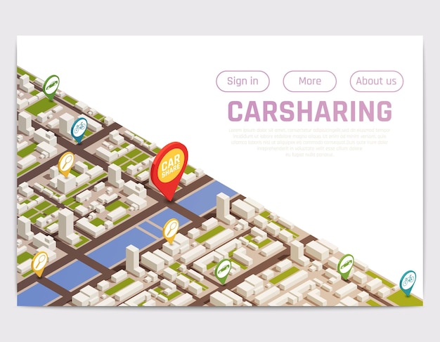 Carsharing carpooling ridesharing website landing page with isometric city map and location signs with buttons