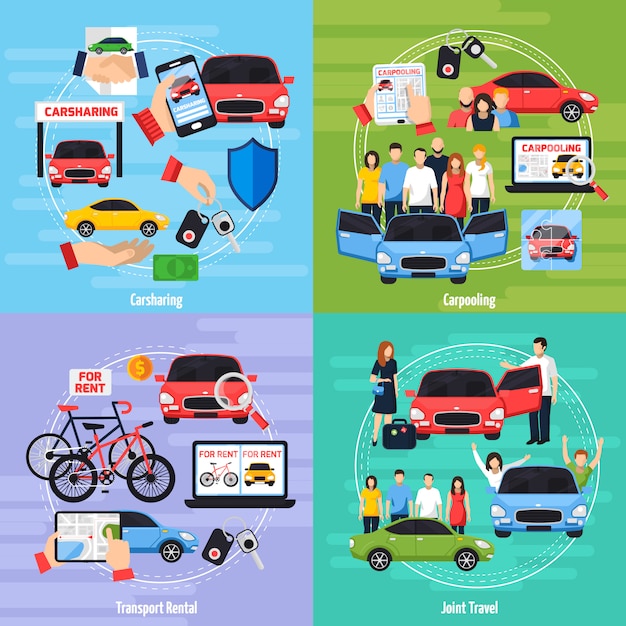 Carsharing concept icons set