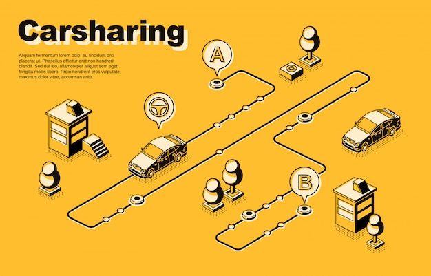 カーシェアリングサービスアイソメートコンセプトまたはルートに沿って移動する車両のバナー