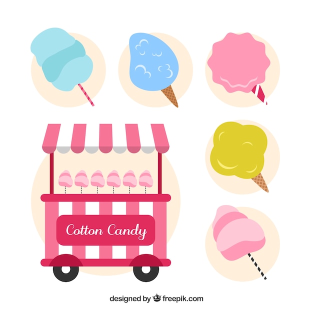 Free vector cart with cotton candy in flat design