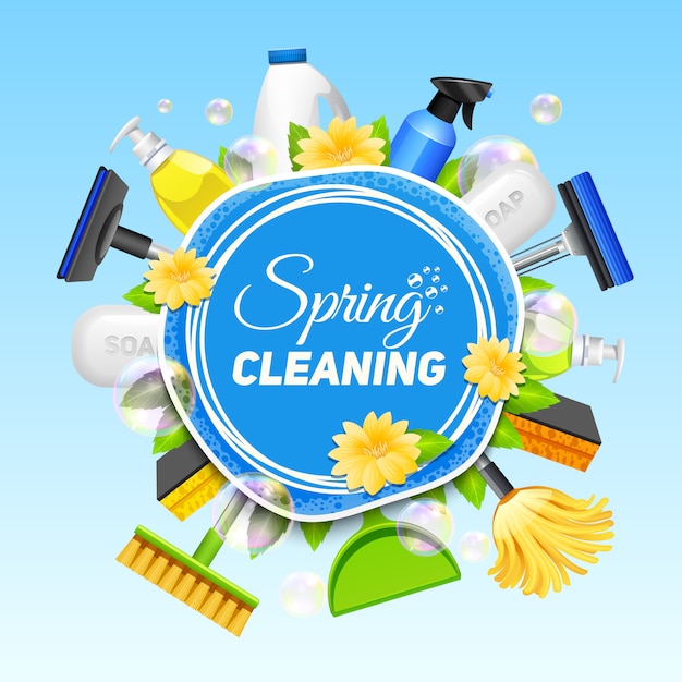 Cartel con la composición de diferentes herramientas para el servicio de limpieza de color en vector de fondo azul