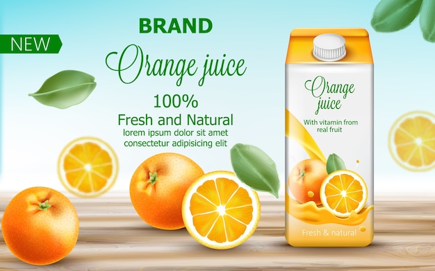 Carton box with orange juice surrounded by citruses and leaves