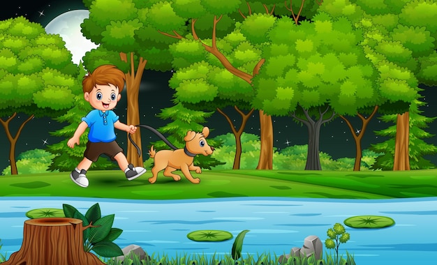 川​の​そば​を​歩いている​彼​の​犬​と​一緒​に​少年​を​漫画