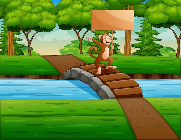 橋の上に木の板を持っている猿を漫画