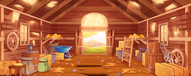 Cartoon abandoned farm barn interior with broken furniture