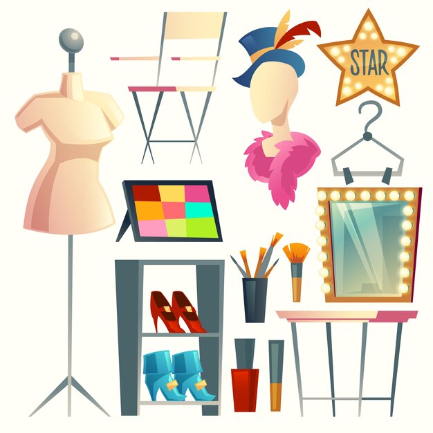 cartoon actress, actor's dressing room. Collection with furniture, clothing and hanger 
