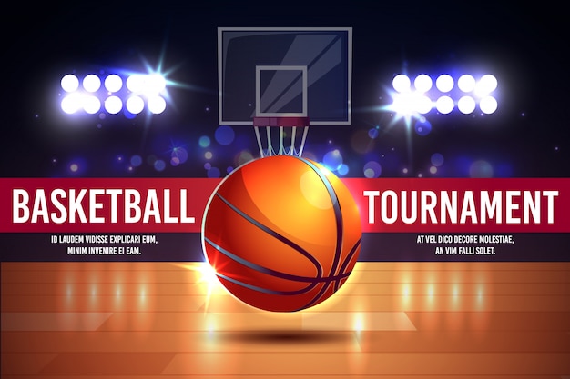 Cartoon ad poster, banner with basketball tournament - shining\
ball on a court.