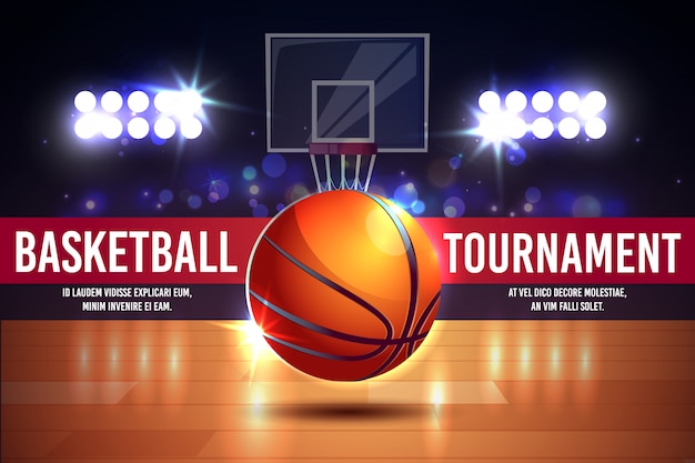 cartoon ad poster, banner with basketball tournament - shining ball on a court. 