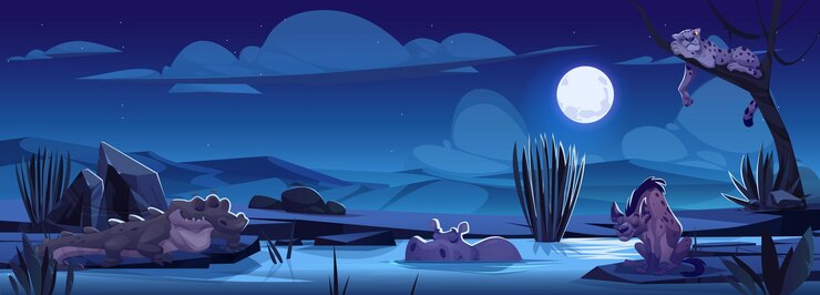 Free Vector cartoon african animals night savannah landscape