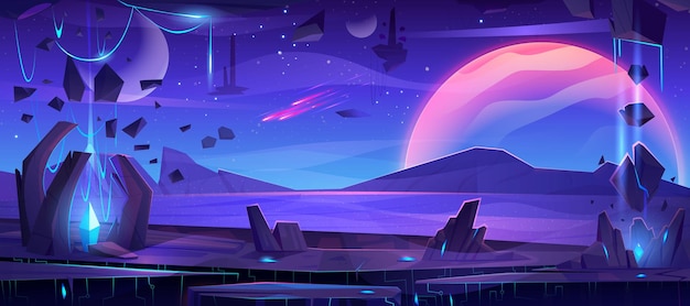 Free vector cartoon alien planet landscape with neon crystals