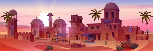 Cartoon ancient arab city in desert at sunset