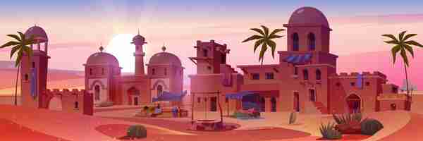 Free vector cartoon ancient arab city in desert at sunset