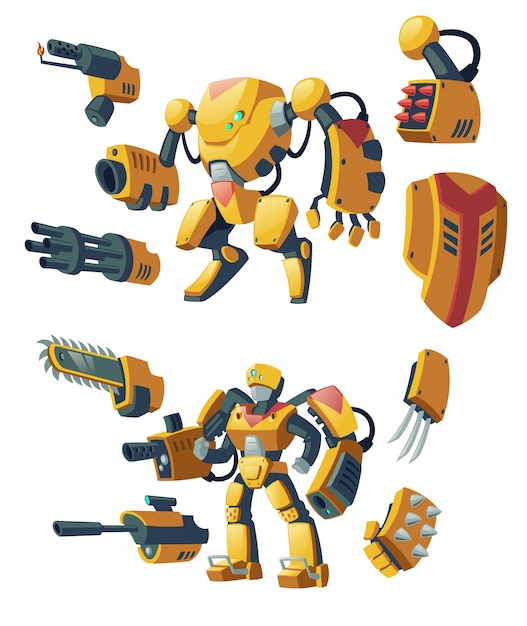 Free vector cartoon androids, human soldiers in robotic combat exoskeletons with guns