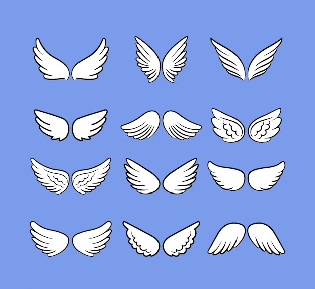 만화 천사 날개 설정합니다. 손으로 그린 날개 흰색, 만화 조류 또는 천사 스케치 아이콘에 고립 프리미엄 벡터