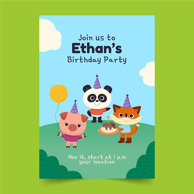 Cartoon animals birthday invitation template