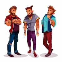 Free vector cartoon arab hipsters - company of young people with tattoos, trendy clothing.