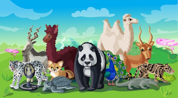 Шаблон мультфильм азиатских животных