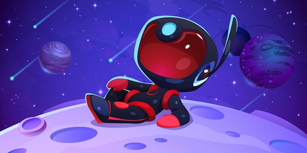 Free vector cartoon astronaut character lying on moon surface