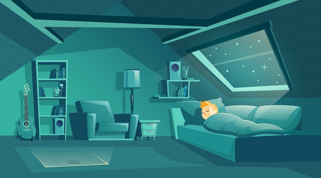 Cartoon attic room at night with boy sleeping on sofa, modern loft apartment