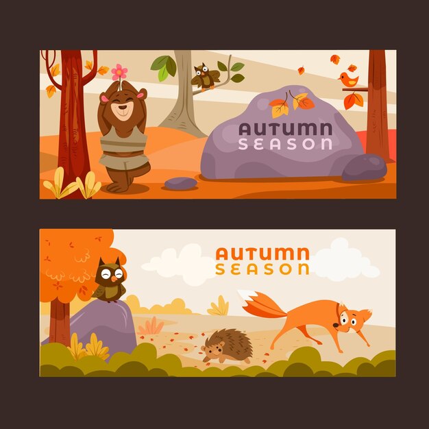 Cartoon autumn horizontal banners set