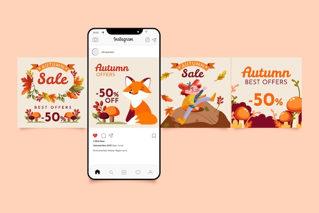 Vettore gratuito collezione di post di instagram autunnali di cartoni animati