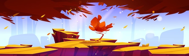 Cartoon autumn landscape lonely tree grow on rocks