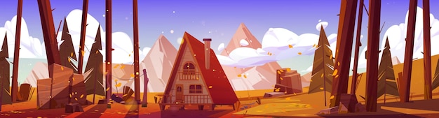 Free vector cartoon autumn landscape with wooden cabin