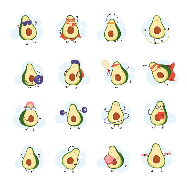 Бесплатное векторное изображение Мультяшный авокадо плоский набор изолированных иконок с каракулями в стиле фруктов в разных позах векторной иллюстрации