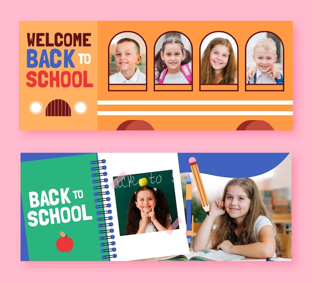 Free vector cartoon back to school banners set with photo