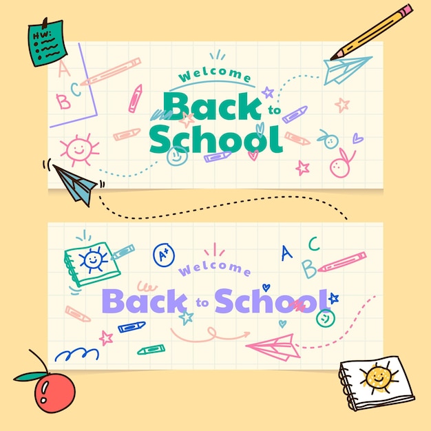 Free vector cartoon back to school horizontal banners set