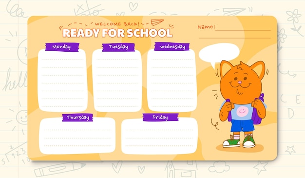 Cartoon back to school timetable template