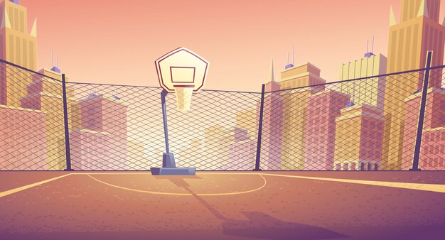 мультфильм фон баскетбольной площадки в городе. Открытая спортивная арена с корзиной для игры.
