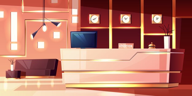 cartoon background of hotel reception, cozy foyer. Modern desk, illumination of empty hall.