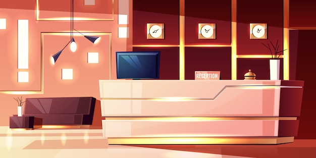 cartoon background of hotel reception, cozy foyer. Modern desk, illumination of empty hall.