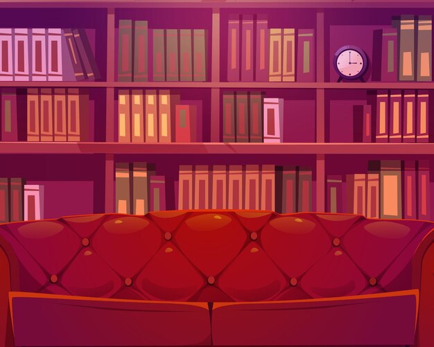 Cartoon background luxury old room or library interior with wooden bookcase and leather coach Place for reading with sofa and rows of various literature volume spines athenaeum Vector illustration