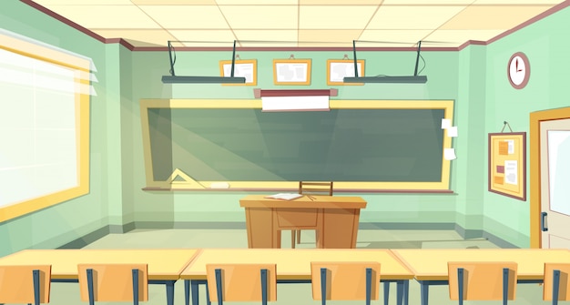 cartoon background with empty classroom, interior inside