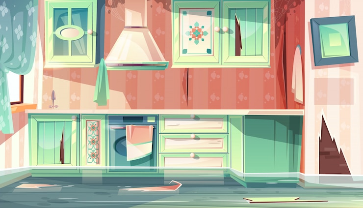 Free Vector cartoon background with provence room, the flood in dirty kitchen. 