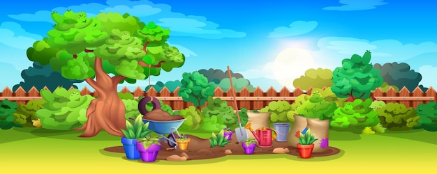 Cartoon backyard with tree wooden fence and gardening tools summer landscape with garden wheelbarrow with soil watering can shovel and sacks grass lawn with growing plants and potted flowers