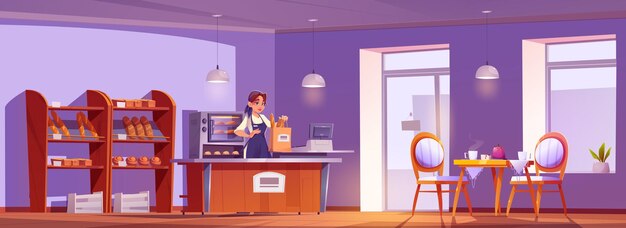 Cartoon bakery interior with female seller