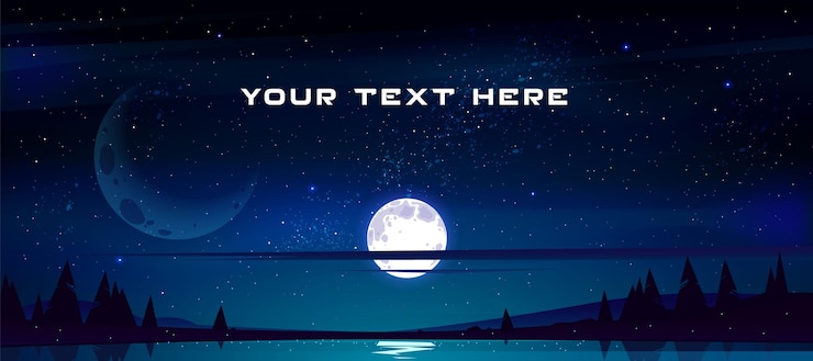 Free Vector cartoon banner with full moon in night sky, stars and clouds above trees and pond reflecting starlight.