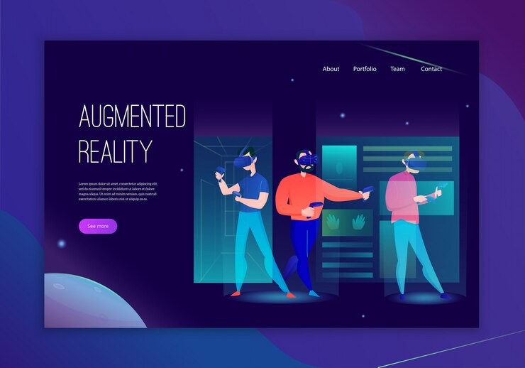 Free Vector cartoon banner with people wearing augmented reality glasses on dark  