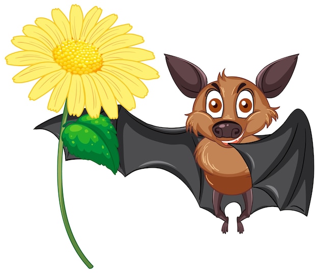 Free vector cartoon bat holding a flower on white background