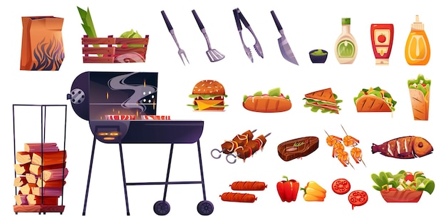 Cartoon barbecue grill impostato per picnic con carne di pesce