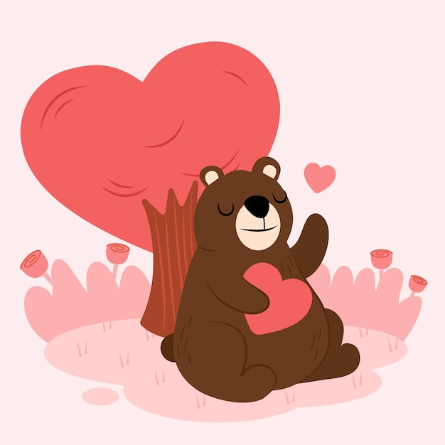 Free vector cartoon bear character in love with heart and tree